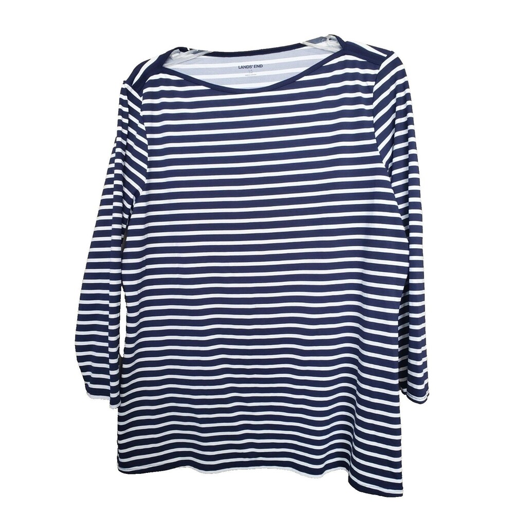 Lands' End Women's Blue Striped Boat Neck Rash Guard Swim Tee Size L Long